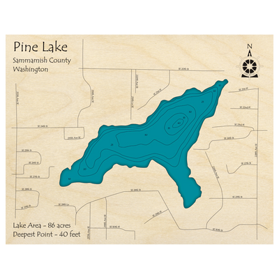 Bathymetric topo map of Pine Lake, WA with roads, towns and depths noted in blue water.