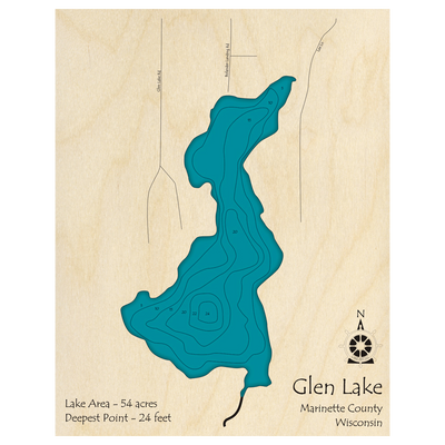 Bathymetric topo map of Glen Lake, WI with roads, towns and depths noted in blue water.
