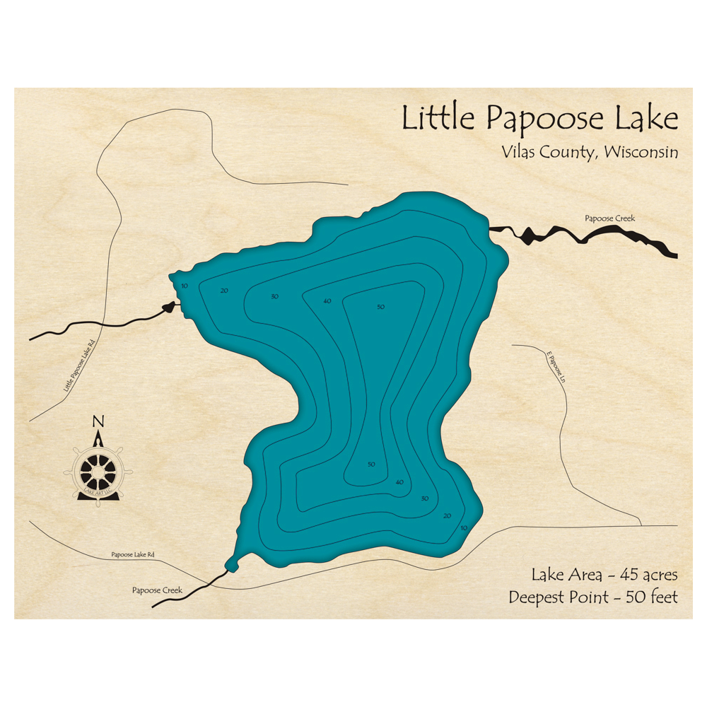 Bathymetric topo map of Little Papoose Lake, WI with roads, towns and depths noted in blue water.