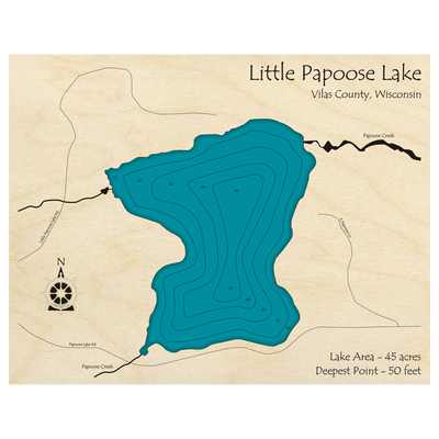 Bathymetric topo map of Little Papoose Lake, WI with roads, towns and depths noted in blue water.