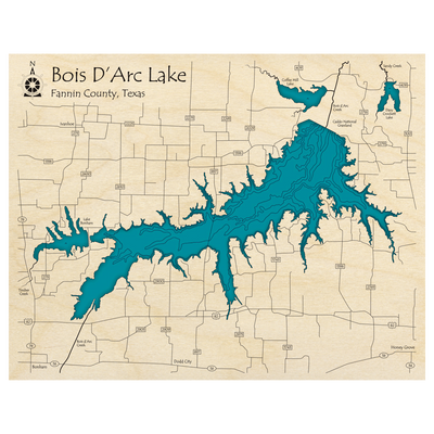 Bathymetric topo map of Bois D Arc Lake, TX with roads, towns and depths noted in blue water.