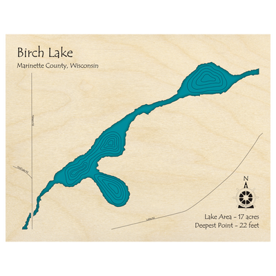 Bathymetric topo map of Birch Lake, WI with roads, towns and depths noted in blue water.