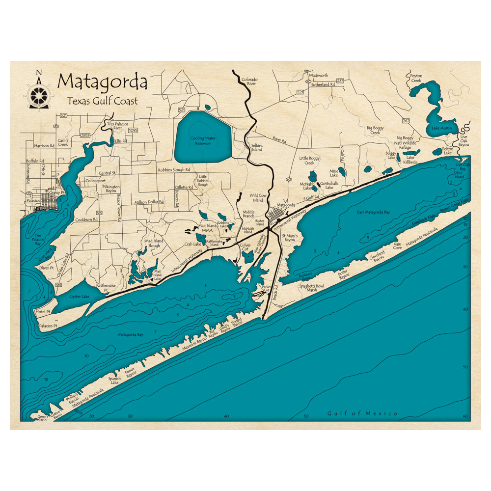 Bathymetric topo map of Matagorda Coastline, TX with roads, towns and depths noted in blue water.