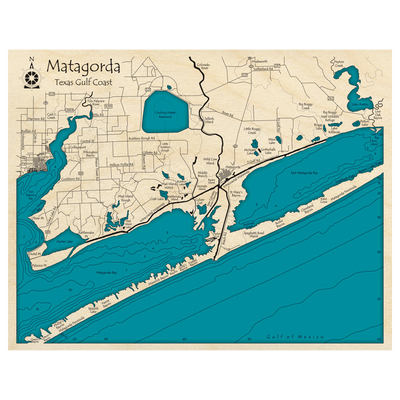 Bathymetric topo map of Matagorda Coastline, TX with roads, towns and depths noted in blue water.