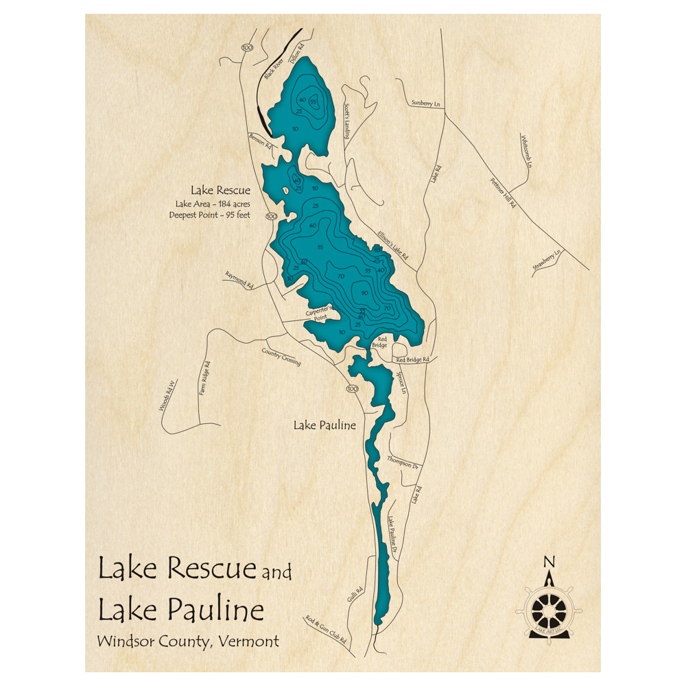 Lake Rescue and Lake Pauline, Vermont 3D Custom Wood Map – Lake Art LLC