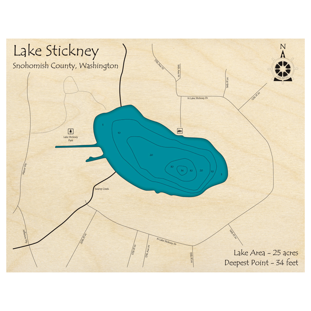 Bathymetric topo map of Lake Stickney, WA with roads, towns and depths noted in blue water.