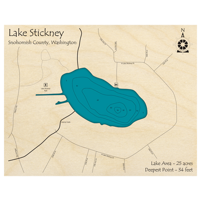 Bathymetric topo map of Lake Stickney, WA with roads, towns and depths noted in blue water.