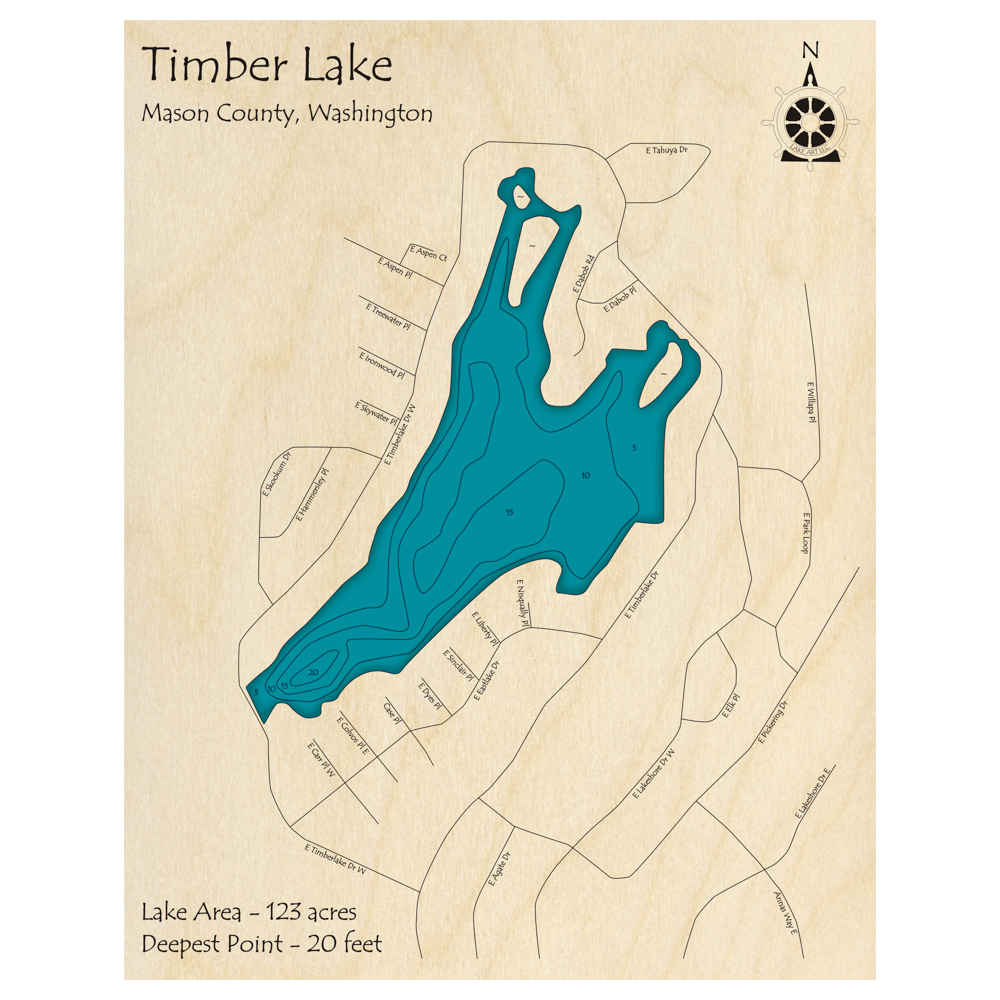 Bathymetric topo map of Timber Lake, WA with roads, towns and depths noted in blue water.