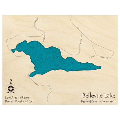 Bathymetric topo map of Bellevue Lake, WI with roads, towns and depths noted in blue water.