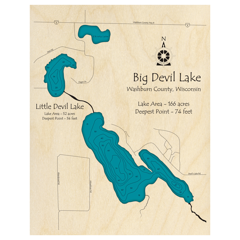 Bathymetric topo map of Big and Little Devil Lakes, WI with roads, towns and depths noted in blue water.