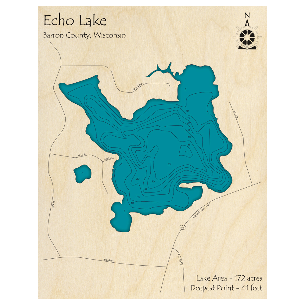 Bathymetric topo map of Echo Lake, WI with roads, towns and depths noted in blue water.