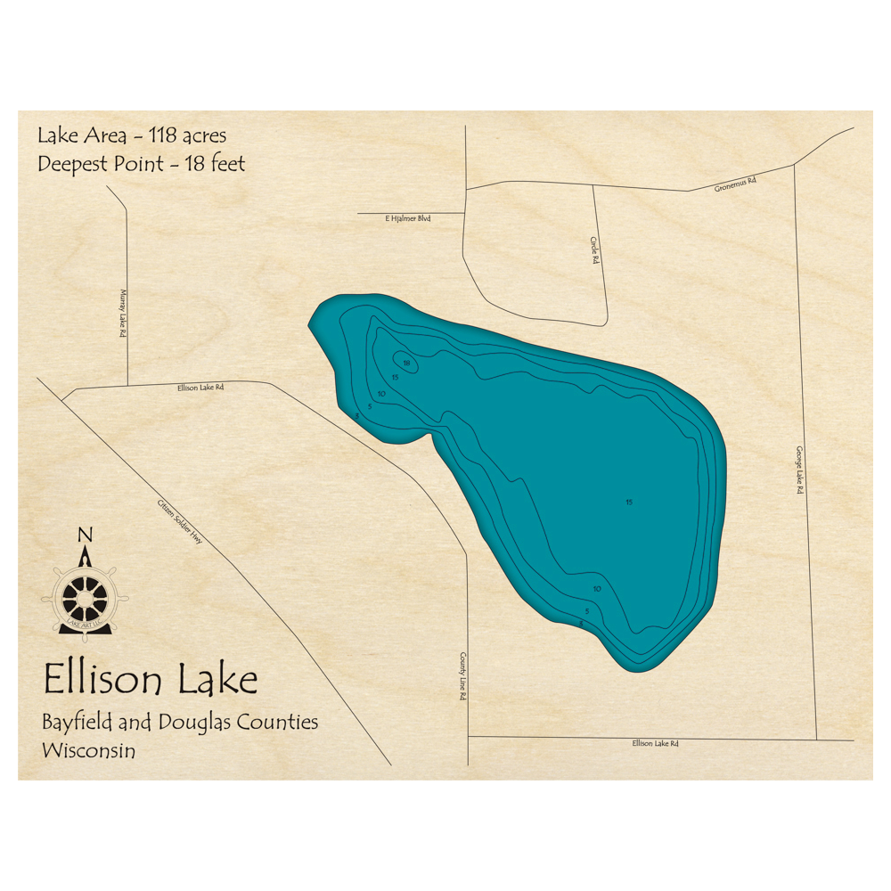 Ellison Lake, Wisconsin 3D Custom Wood Map – Lake Art LLC