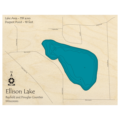 Bathymetric topo map of Ellison Lake, WI with roads, towns and depths noted in blue water.