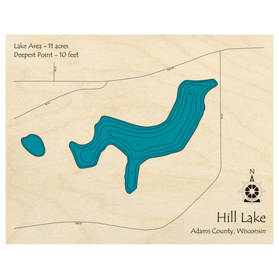 Bathymetric topo map of Hill Lake, WI with roads, towns and depths noted in blue water.
