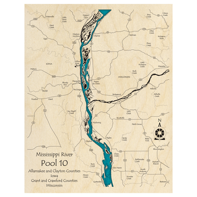 Bathymetric topo map of Mississippi River Pool 10 (WI, IA) with roads, towns and depths noted in blue water.