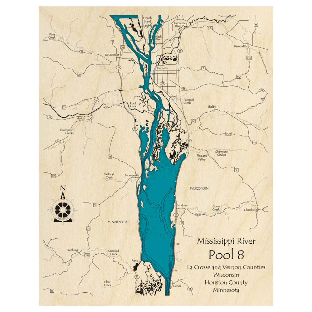Bathymetric topo map of Mississippi River Pool 8 (WI, MN) with roads, towns and depths noted in blue water.