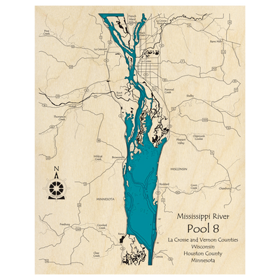 Bathymetric topo map of Mississippi River Pool 8 (WI, MN) with roads, towns and depths noted in blue water.