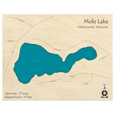 Bathymetric topo map of Mole Lake, WI with roads, towns and depths noted in blue water.