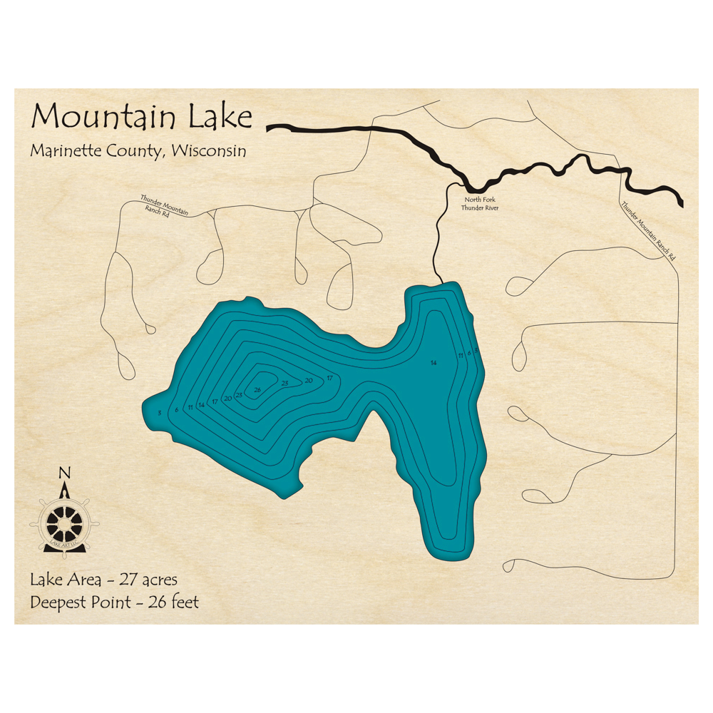 Bathymetric topo map of Mountain Lake, WI with roads, towns and depths noted in blue water.
