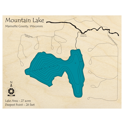 Bathymetric topo map of Mountain Lake, WI with roads, towns and depths noted in blue water.