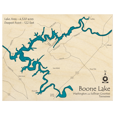 Bathymetric topo map of Boone Lake, TN with roads, towns and depths noted in blue water.
