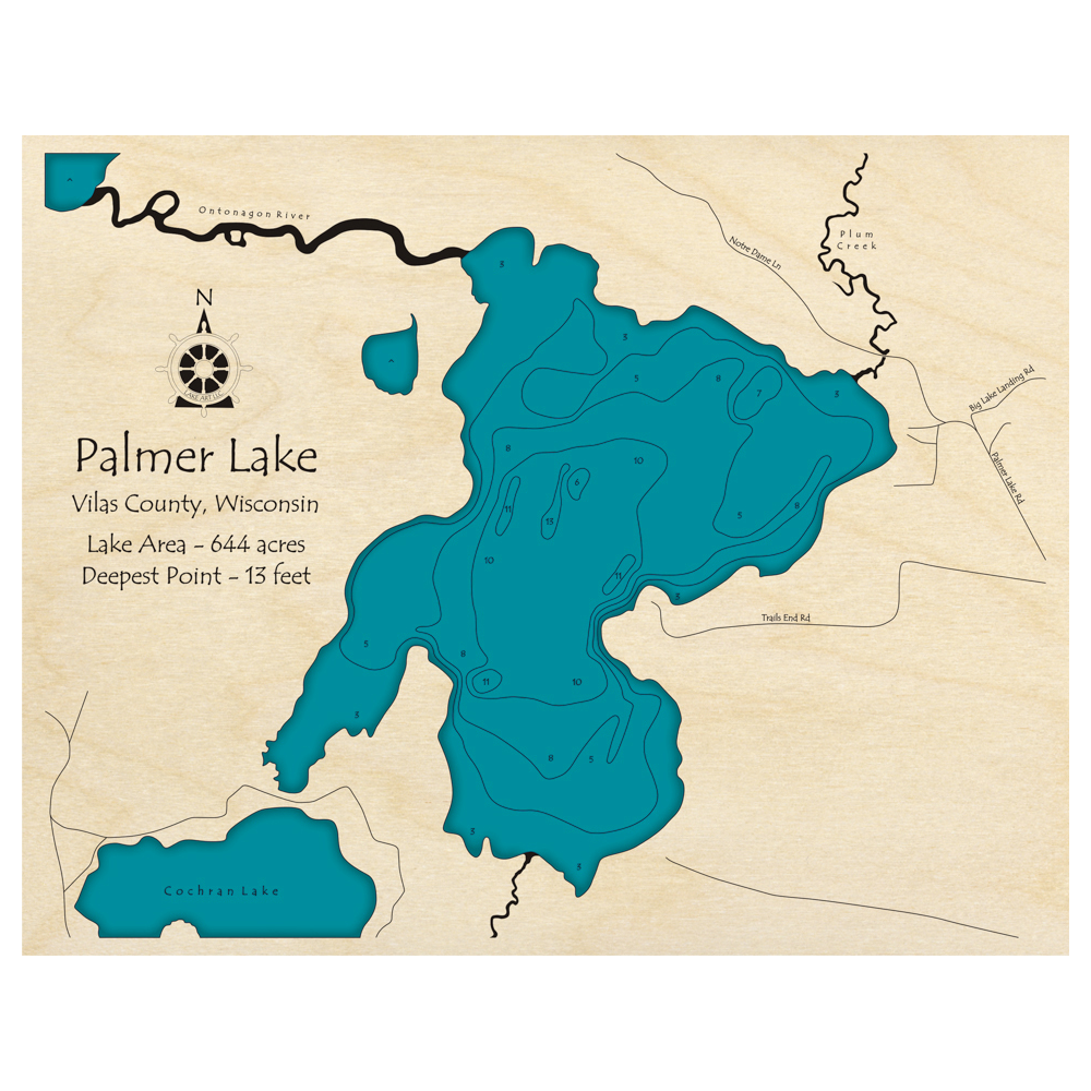 Bathymetric topo map of Palmer Lake, WI with roads, towns and depths noted in blue water.