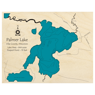 Bathymetric topo map of Palmer Lake, WI with roads, towns and depths noted in blue water.