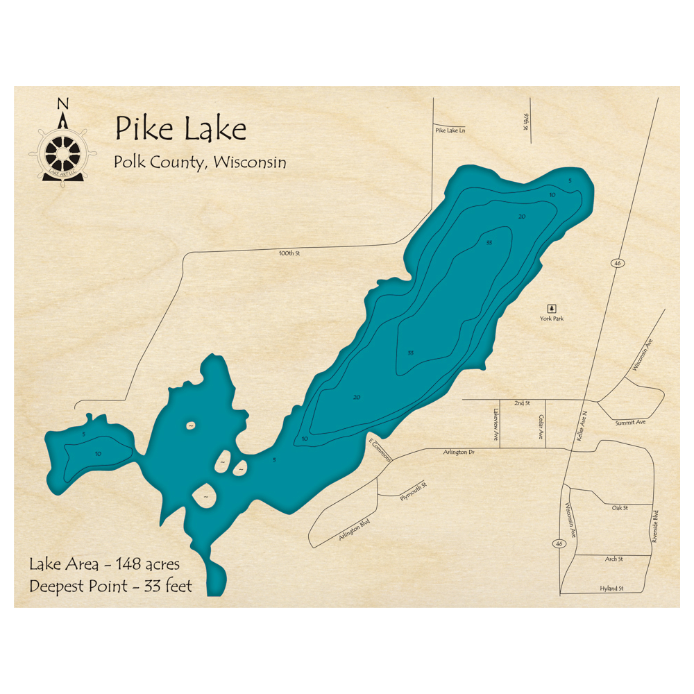 Bathymetric topo map of Pike Lake, WI with roads, towns and depths noted in blue water.
