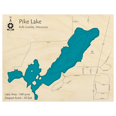 Bathymetric topo map of Pike Lake, WI with roads, towns and depths noted in blue water.