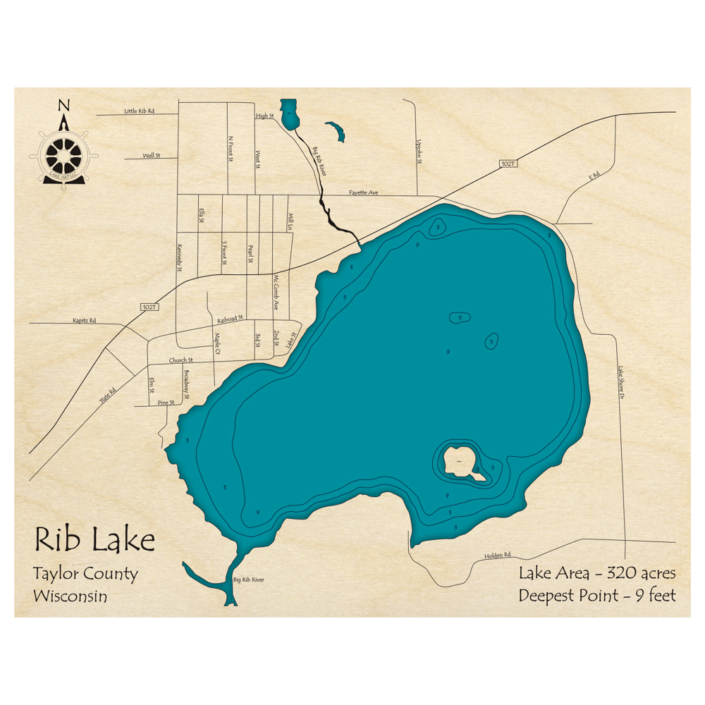Bathymetric topo map of Rib Lake, WI with roads, towns and depths noted in blue water.