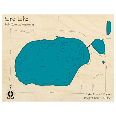 Bathymetric topo map of Sand Lake, WI with roads, towns and depths noted in blue water.