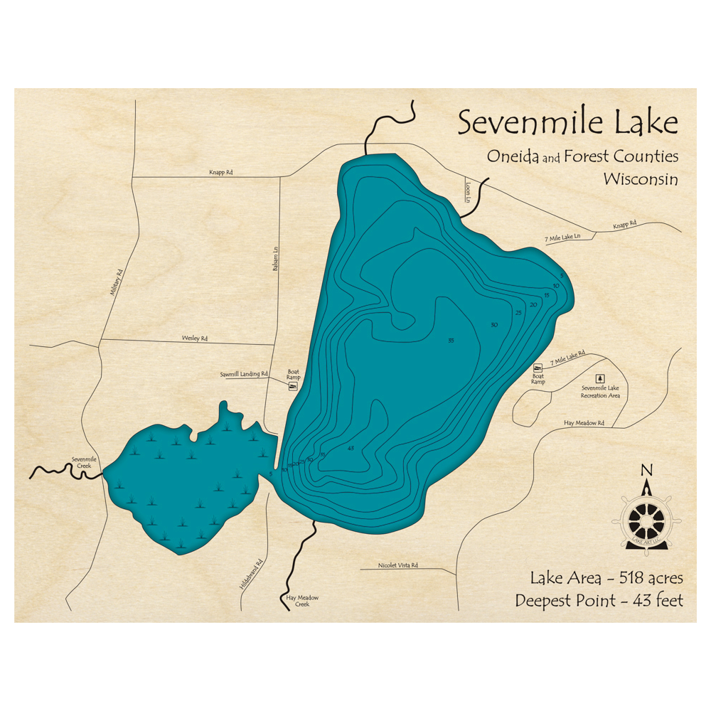 Bathymetric topo map of Sevenmile Lake, WI with roads, towns and depths noted in blue water.