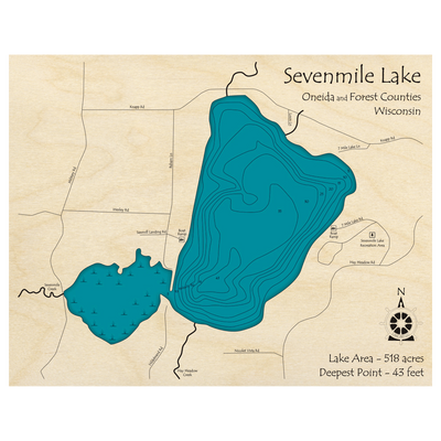 Bathymetric topo map of Sevenmile Lake, WI with roads, towns and depths noted in blue water.
