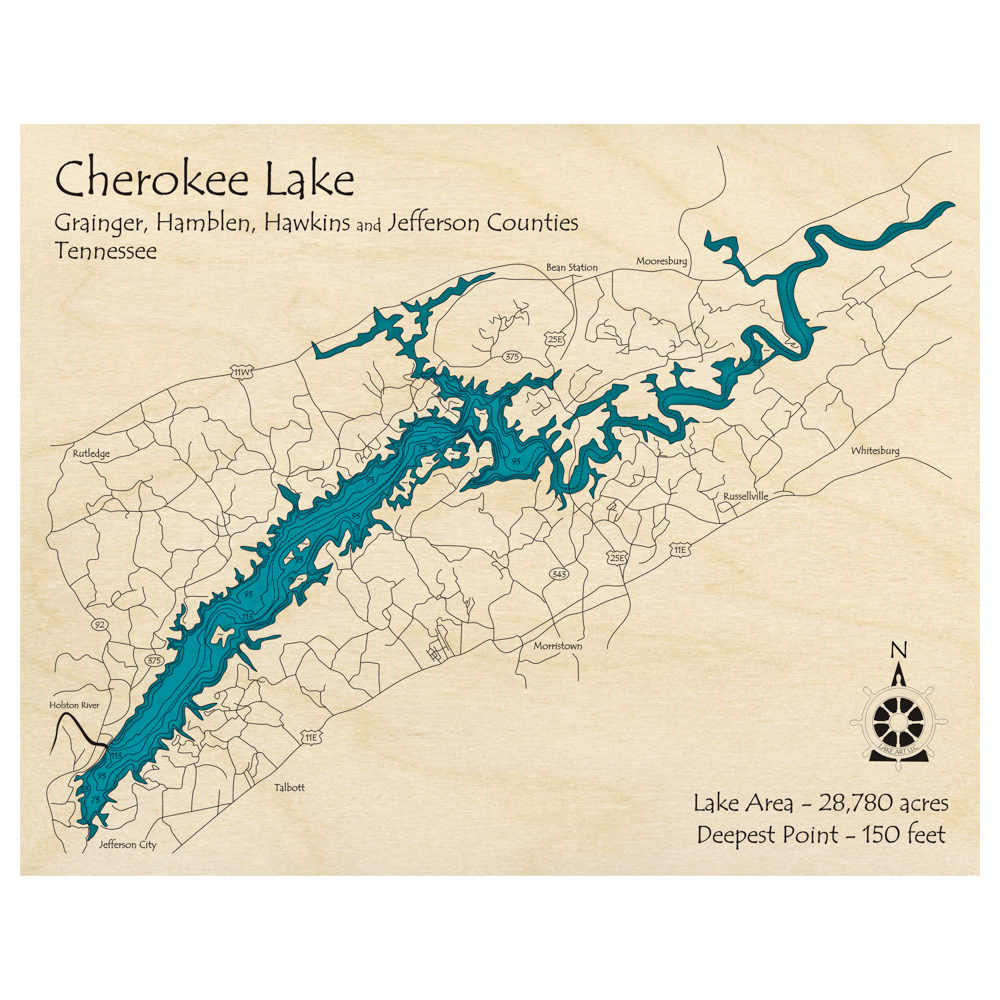 Bathymetric topo map of Cherokee Lake, TN with roads, towns and depths noted in blue water.