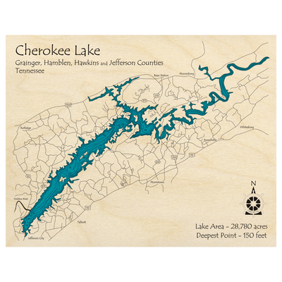 Bathymetric topo map of Cherokee Lake, TN with roads, towns and depths noted in blue water.