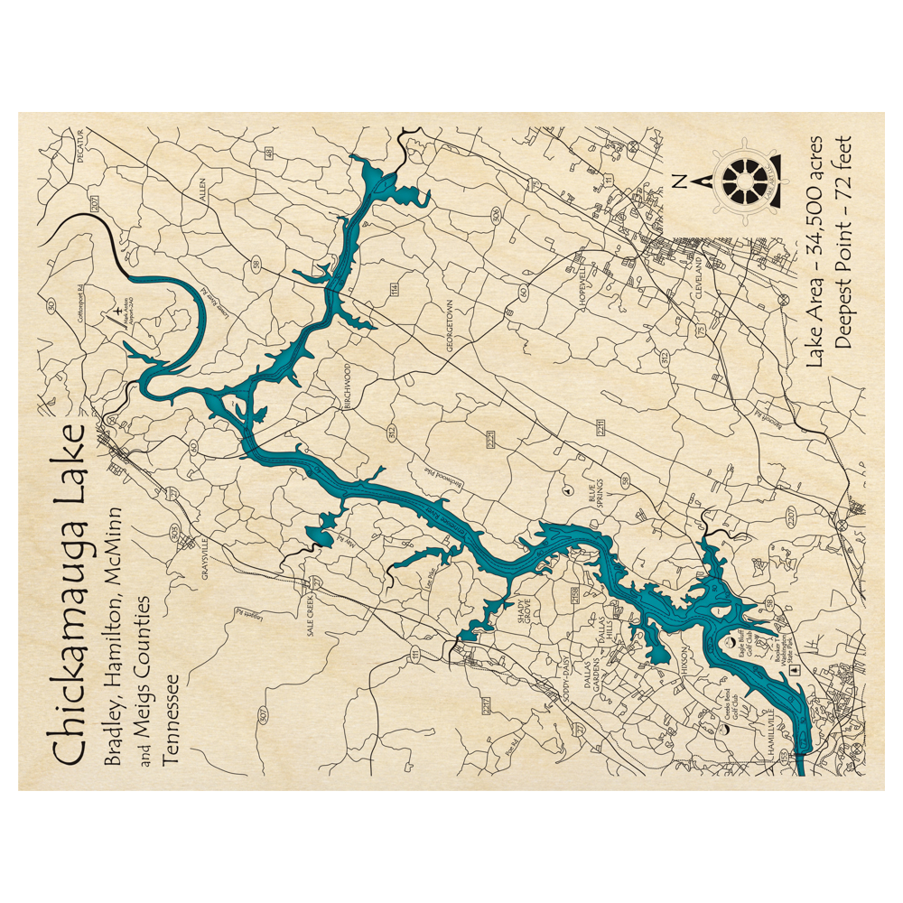 Bathymetric topo map of Chickamauga Lake, TN with roads, towns and depths noted in blue water.