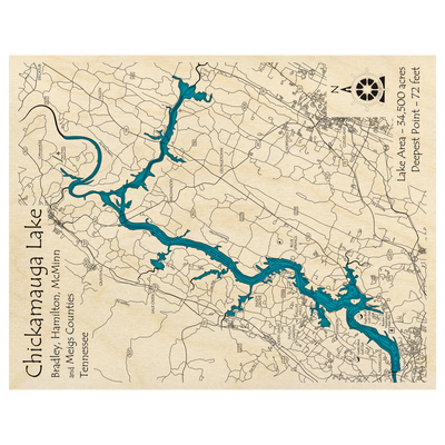 Bathymetric topo map of Chickamauga Lake, TN with roads, towns and depths noted in blue water.