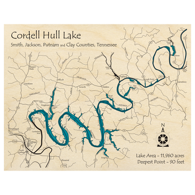 Bathymetric topo map of Cordell Hull Lake, TN with roads, towns and depths noted in blue water.
