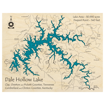 Bathymetric topo map of Dale Hollow Lake (KY, TN) with roads, towns and depths noted in blue water.