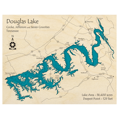 Bathymetric topo map of Douglas Lake, TN with roads, towns and depths noted in blue water.
