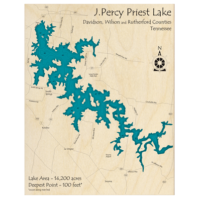Bathymetric topo map of J Percy Priest Lake, TN with roads, towns and depths noted in blue water.