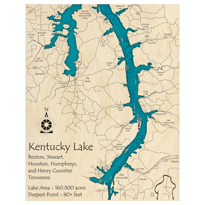 Bathymetric topo map of Kentucky Lake, TN with roads, towns and depths noted in blue water.