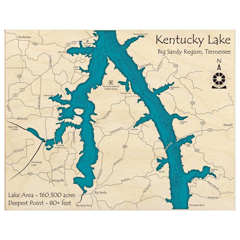 Bathymetric topo map of Kentucky Lake, TN with roads, towns and depths noted in blue water.