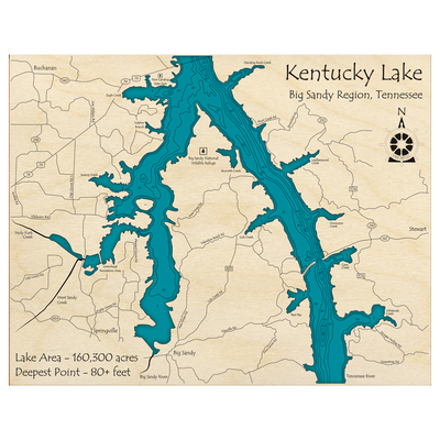 Bathymetric topo map of Kentucky Lake, TN with roads, towns and depths noted in blue water.