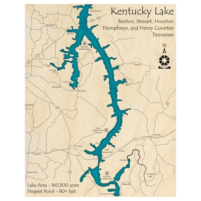 Bathymetric topo map of Kentucky Lake, TN with roads, towns and depths noted in blue water.