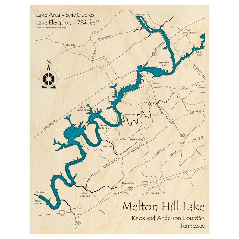 Bathymetric topo map of Melton Hill Lake, TN with roads, towns and depths noted in blue water.