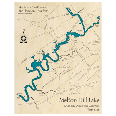 Bathymetric topo map of Melton Hill Lake, TN with roads, towns and depths noted in blue water.