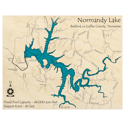 Bathymetric topo map of Normandy Lake, TN with roads, towns and depths noted in blue water.