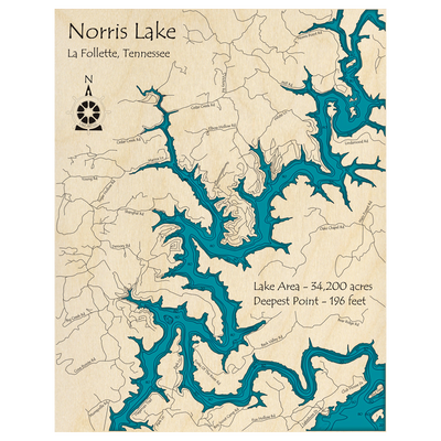 Bathymetric topo map of Norris Lake, TN with roads, towns and depths noted in blue water.