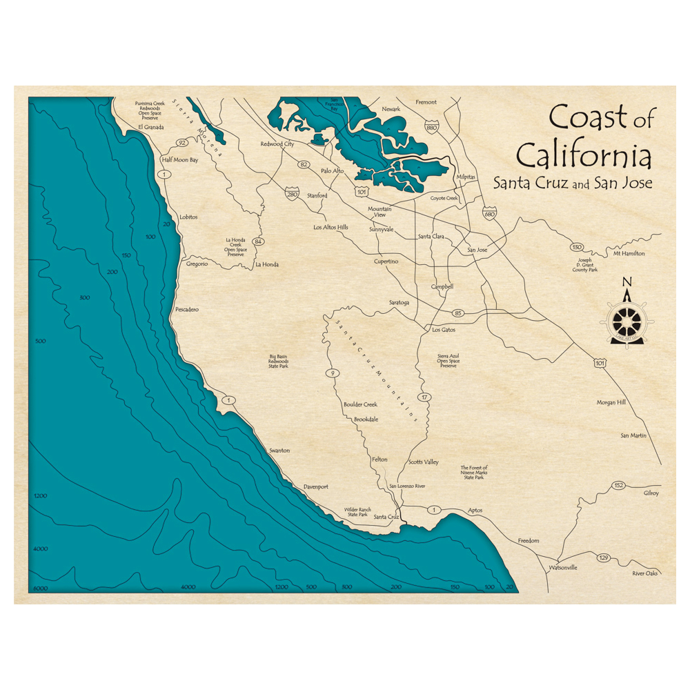 Bathymetric topo map of Coast of California, CA with roads, towns and depths noted in blue water.